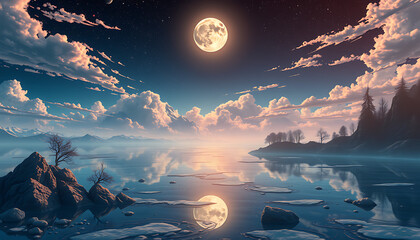 A celestial dance of moonlight and starlight over a serene mountain landscape, bridging the twilight of sunset with the mysteries of the dark sky