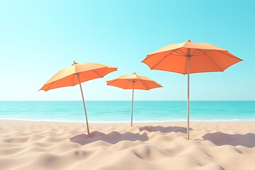 Fototapeta premium Umbrellas opened on a beach with soft sand textures and clear skies, creative placement and color contrast