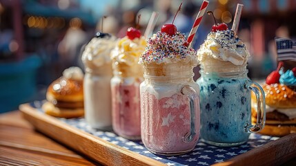 Colorful milkshakes with whipped cream and cherries on wooden tray