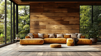 Cozy Modern Living Room with Yellow Sofa and Nature View