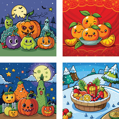 Seasonal Cartoon Illustration Celebrating Halloween Chinese New Year And Christmas Themes