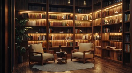 90. Library corner with ambient lights and wooden shelves