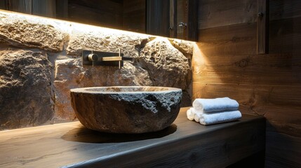 97. Rustic bathroom with ambient lighting and stone sink