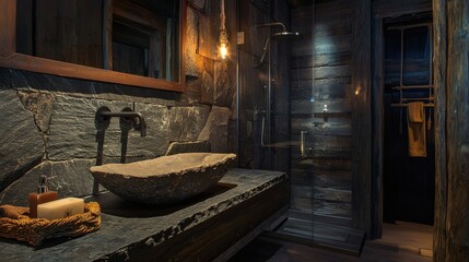 97. Rustic bathroom with ambient lighting and stone sink