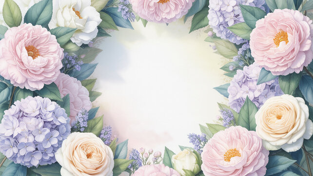 Beautiful floral wreath design featuring peonies, hydrangeas, and background space for text or decoration