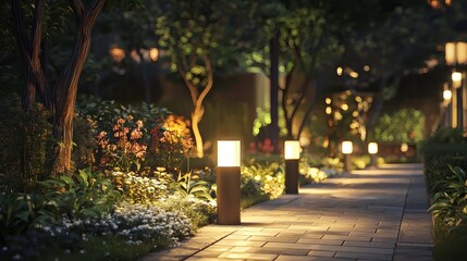 107. Urban garden at night with ambient pathway lights