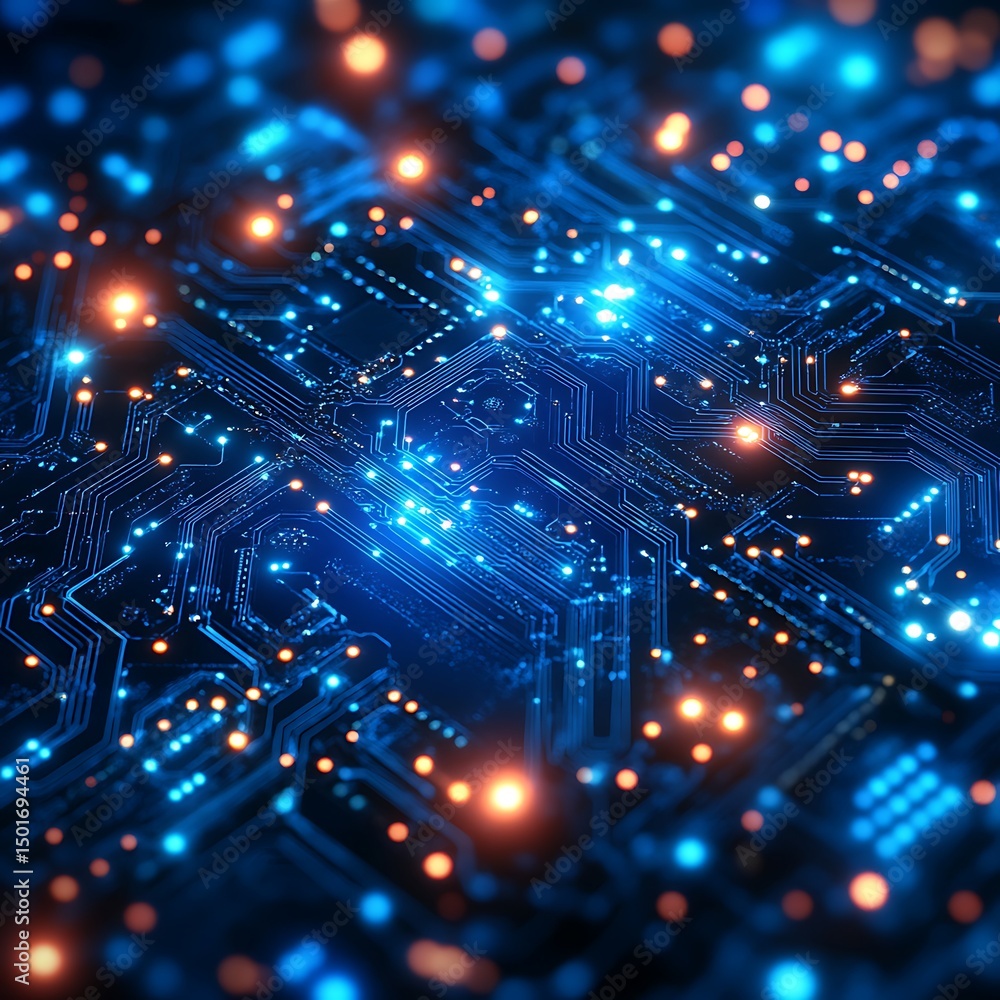 Poster abstract high resolution photo of illuminated circuit board with digital connections and light parti