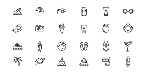 Summer-holiday outline or line icon design bundle.