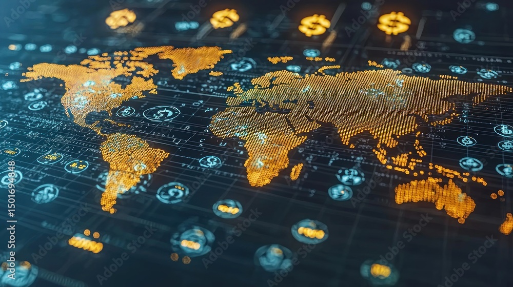 Poster global finance, digital world map of currency and transactions