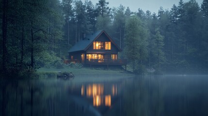 127. Lakeside cabin with ambient lighting and reflection in water
