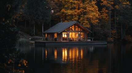 127. Lakeside cabin with ambient lighting and reflection in water