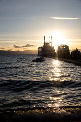 Historic Steamboat Ferry Docked on Lake Tahoe at Sunset

