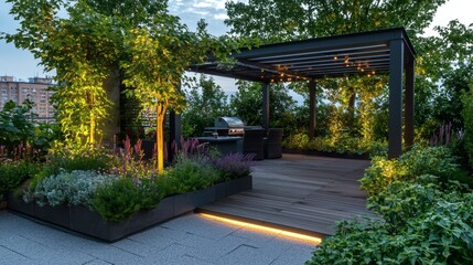 130. Rooftop garden with ambient lighting and pergola