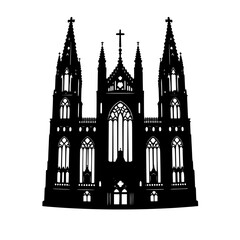 Fototapeta premium Gothic Cathedral Silhouette: A dramatic monochrome illustration depicts a grand gothic cathedral, showcasing its intricate architectural details and towering spires.