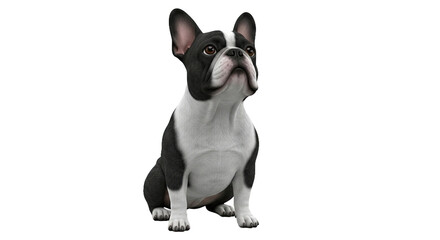 Charming black and white French Bulldog illustration, sitting alertly and gazing upward with a...