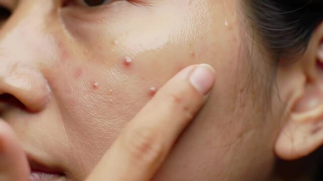 Close up of a person's face showing acne with a finger pointing at the skin and blemishes visible