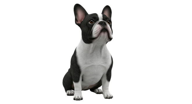 Charming black and white French Bulldog illustration, sitting alertly and gazing upward with a focused, curious expression. Ideal for pet lovers and dog-themed designs.