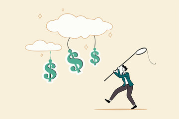 Cloud investment, new technology using cloud computing stock rising up and gain more profit in new normal economic concept, businessman investor catching dollar money sign falling from cloud.
