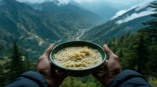 A tourist holds a bowl of noodles with a scenic view of the Manali mountains in the background, savoring food during a highland vacation