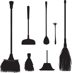 Naklejka premium Black and White Silhouette Vector Illustration of Cleaning Tools: Brooms, Dusters, and Mops for Housekeeping and Janitorial Services