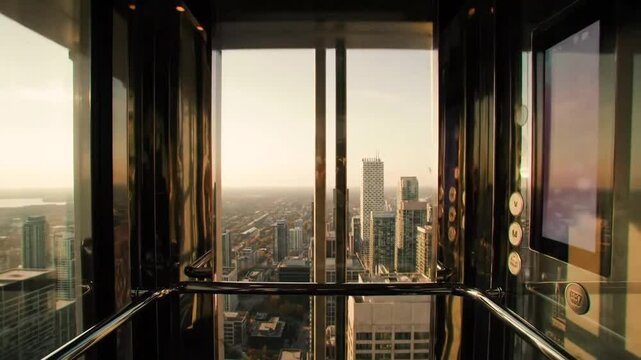 Elevator Ascending With Panoramic City Views During Golden Hour