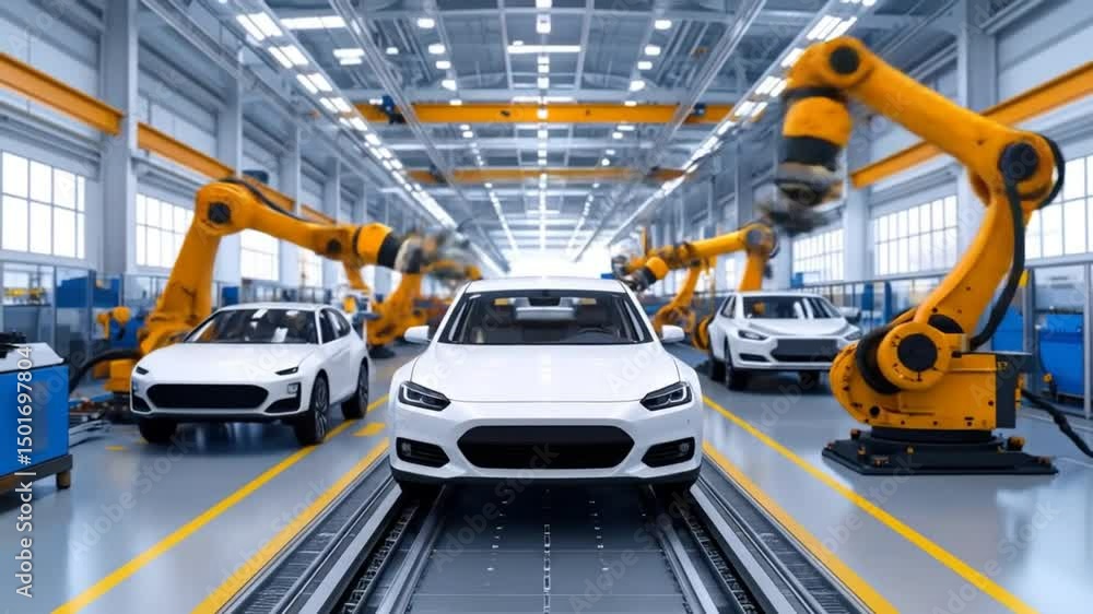 Poster automated car assembly line with robotic arms in a modern automotive factory