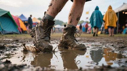 Detail of Outdoor Adventure Footwear Soaked in Mud at a Rainy Tent Campground