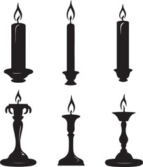 Fototapeta premium Candle Silhouette Vector Art: Collection of Elegant Candle Holders with Lit Candles, Vintage Style Black and White Illustration for Design Projects