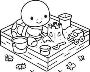 A cute little turtle happily enjoys building an elaborate sandcastle in a very playful sandbox environment