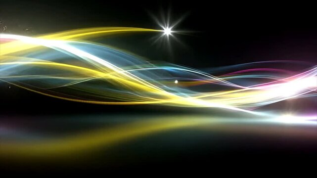Dynamic, flowing lines of light interweave, creating a sense of movement and energy against a dark backdrop