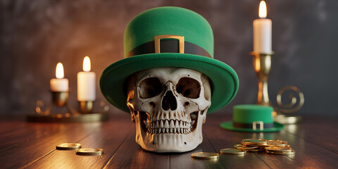Darkly Humorous St Patricks Day Still Life Skull in Leprechaun Hat with Gold Coins and Candles