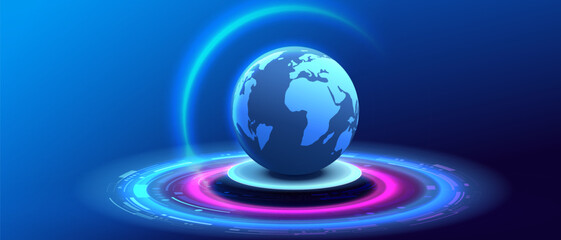 Big data world network. Globe Ai background. Round earth on technology podium banner. Artificial Intelligence futuristic sphere network connect vector design.