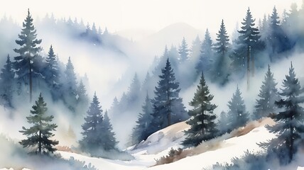 Fototapeta premium Watercolor of foggy pine forest landscape, Wild nature in wintertime.