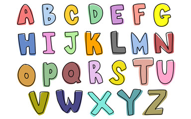 Cute set colorful hand drawn uppercase alphabet ABC letters font outline color tracing trace doodle kids illustration wall art transparent clipart poster nursery vector