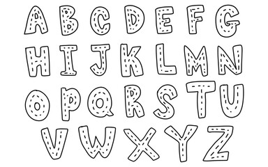 Cute set coloring hand drawn uppercase alphabet ABC letters font outline black color with striped road street tracing doodle kids illustration wall art transparent clipart poster nursery vector