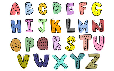 Cute set colorful hand drawn uppercase alphabet ABC letters font outline color with striped road street tracing doodle kids illustration wall art transparent clipart poster nursery vector © doodlyanddeva