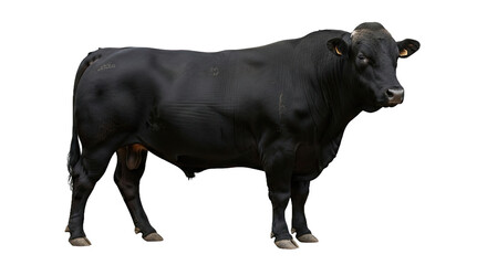 Full body shot of a majestic black Wagyu bull standing, isolated on a transparent PNG background....