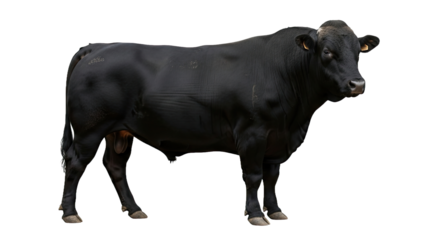Full body shot of a majestic black Wagyu bull standing, isolated on a transparent PNG background. Represents premium beef, agriculture, and livestock farming.