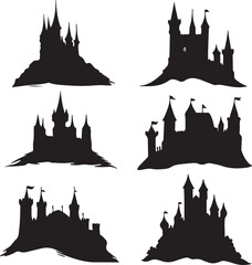 Obraz premium Castle Silhouette Vector Set: Fantasy Medieval Fortress Illustrations - Dark Gothic Architecture, Fairytale Kingdom Clip Art for Design Projects