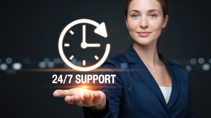 Confident businesswoman presenting 24/7 support icon, symbolizing reliable customer service.