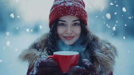 A young woman enjoys a steaming cup of hot beverage in the snowy winter landscape, wearing a cozy red hat and a warm coat, exuding joy and warmth amidst the cold weather.