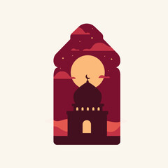 Serene Night at the Mosque Ramadan Moonlit Silhouette Illustration
