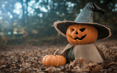 Spooky Halloween Jack O Lantern Wearing a Witchs Hat in Autumn Woods