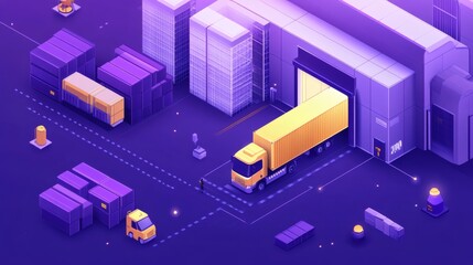 Fototapeta premium Isometric illustration of a truck delivering a container to a warehouse.
