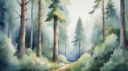 Watercolor of forest with tall trees.