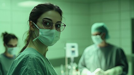 A focused female surgeon wearing a light blue surgical cap, glasses, and a mask, observes the operating room.
