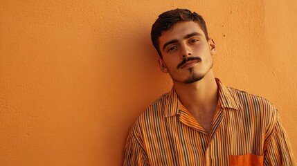 A young man with curly hair stands against a vibrant orange background, wearing a short-sleeved, green and white striped shirt.