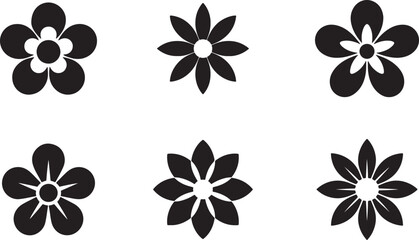 Six Flower Silhouettes Set, Various Petal Styles on Transparent Background