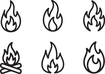 Flame Icons Set Bonfire and Fire Symbols with Bold Outlines on Transparent Background
