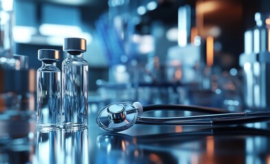 Vaccine vials with lab, and stethoscope.